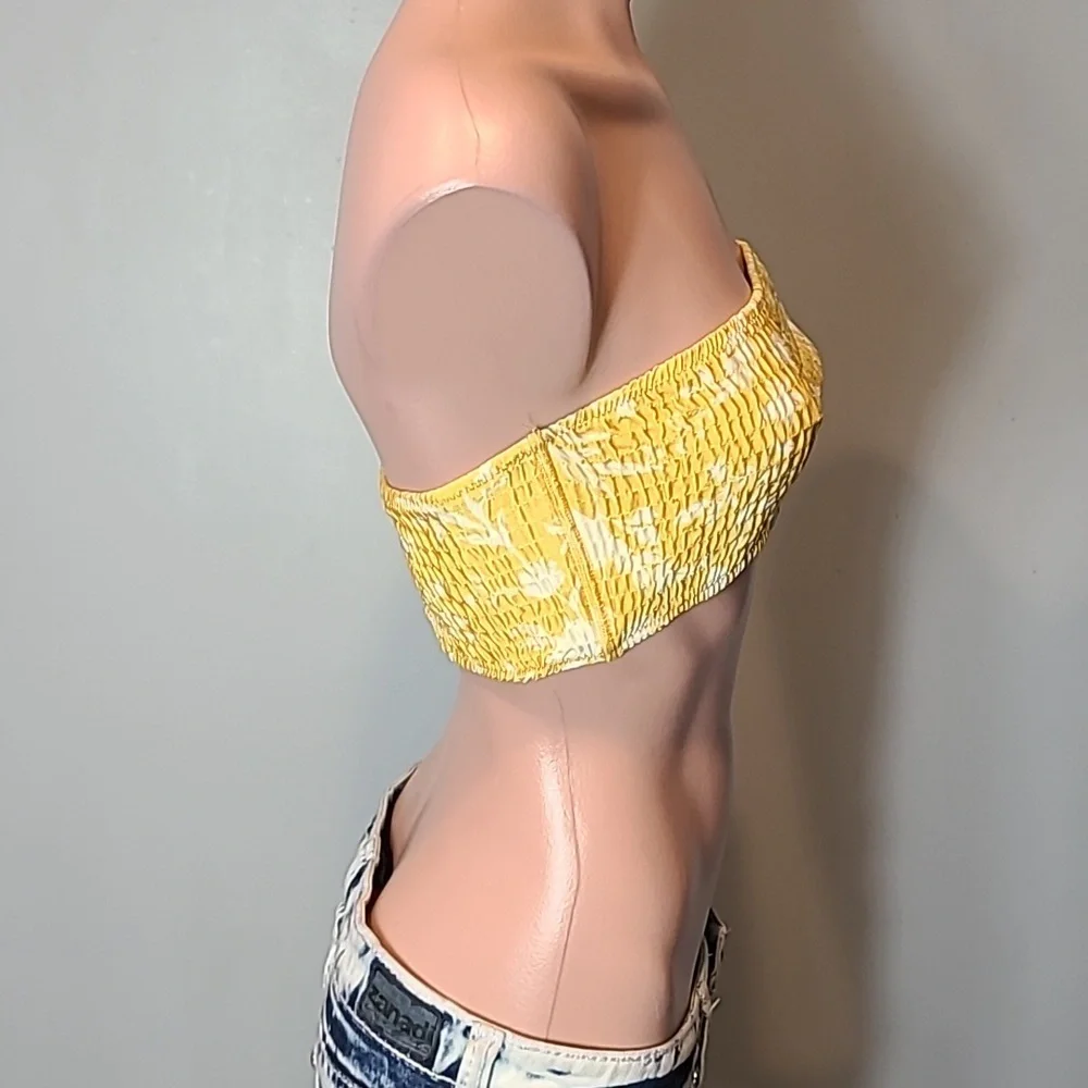 Triangl yellow floral smocked‎ strapless bikini top Size Small Vacation Swim - Picture 3 of 7